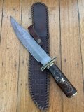 Damascus Knife: Big Damascus Bowie with Walnut Patterned Handle & Hand made Sheath