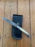 Damascus Folding Knife with White Bone Handle File Work and Pouch