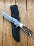 Damascus Knife: Damascus Skinner with Upswept Blade and Sambar Deer Antler Handle & Sheath