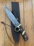 Damascus Knife: Big Damascus Bowie with Walnut Patterned Finger Guard Handle & Sheath