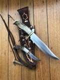 Ken Richardson Custom Handmade 8" Bowie & 3" Hunter Piggy Back Set Deer Antler Handle & Custom Sheath