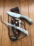 Ken Richardson Custom Handmade 4" Fillet Knife and 5.5" Drop Point Blade Piggy Back Set Deer Antler Handle & Custom Sheath