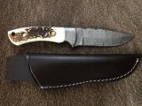 SOS Damascus *PUMA SkinMaster* Knife with Sambar Deer Antler Handle & Leather Sheath